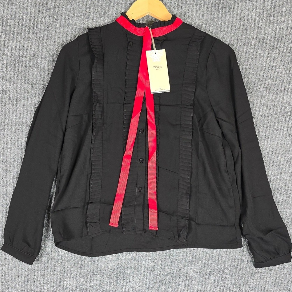 Blashe Womens Black Red Ribbon Ruffle Mock Neck‎ Button Up Blouse Shirt Top Sz S